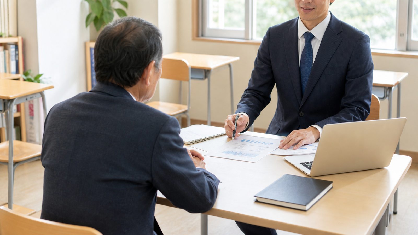 調布周辺の学習塾で事業承継とM&Aの資料を確認する経営者と専門家