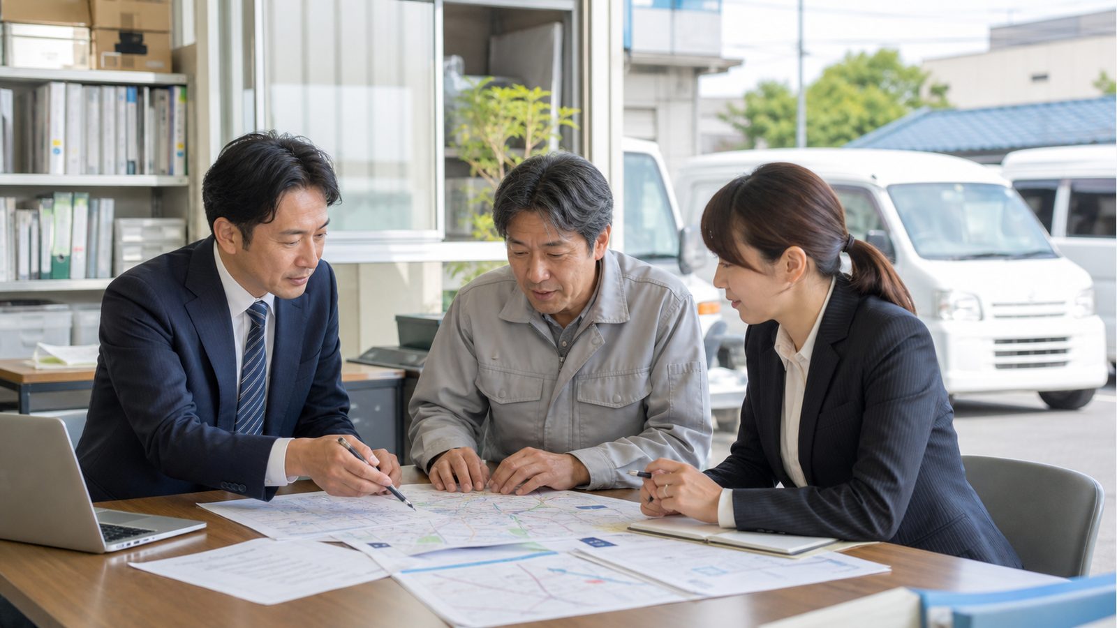 調布周辺の運送・配送会社の事業承継とM&Aについて配送ルート資料を確認する経営者と専門家。