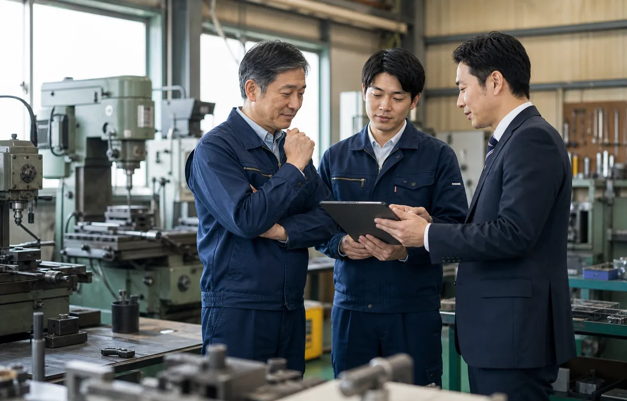 工場で承継条件を確認する様子