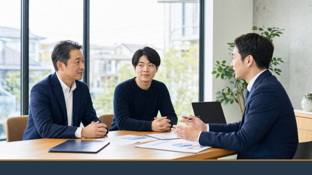 調布周辺の不動産管理会社M&Aと事業承継を相談する経営者と専門家の面談風景