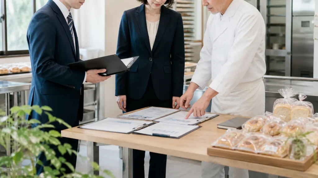 調布周辺の食品製造会社で事業承継資料を確認する様子