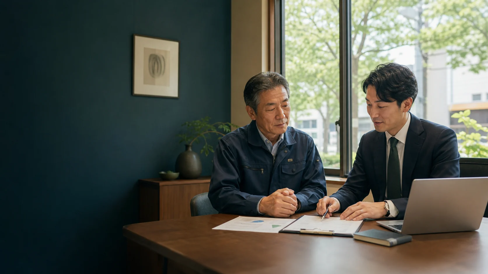 調布周辺の地域企業の事業承継について相談する経営者とM&A担当者のAI生成イメージ
