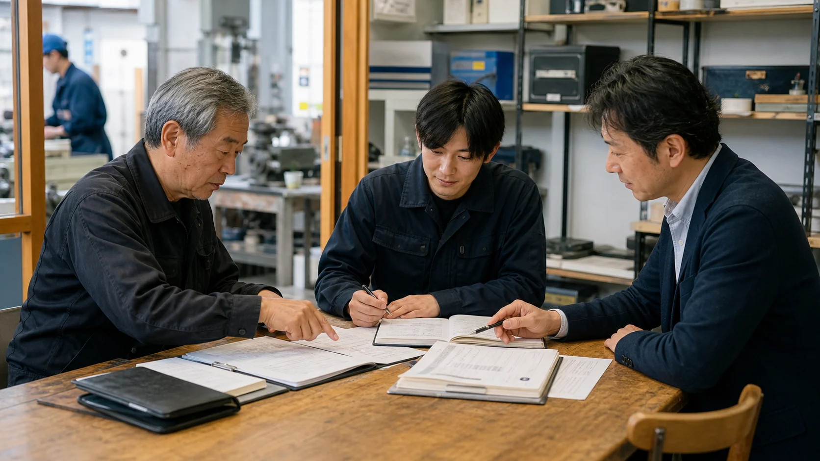 地域企業の運営資料、従業員、設備、契約、引継ぎ工程を整理する調布M&AのAI生成イメージ