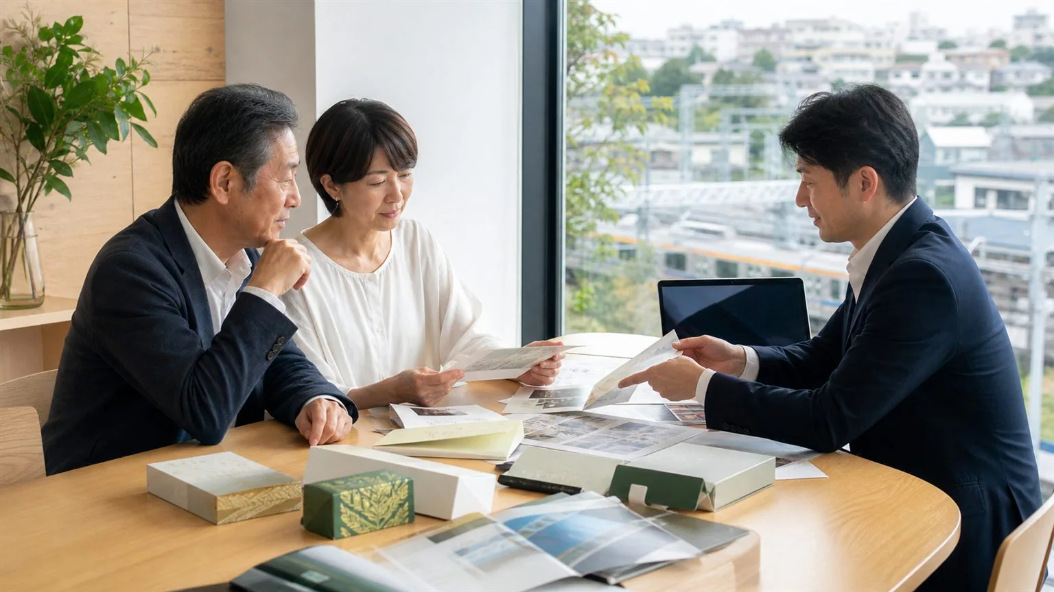 調布周辺の印刷会社と広告制作会社のM&A相談で販促資料を確認する様子