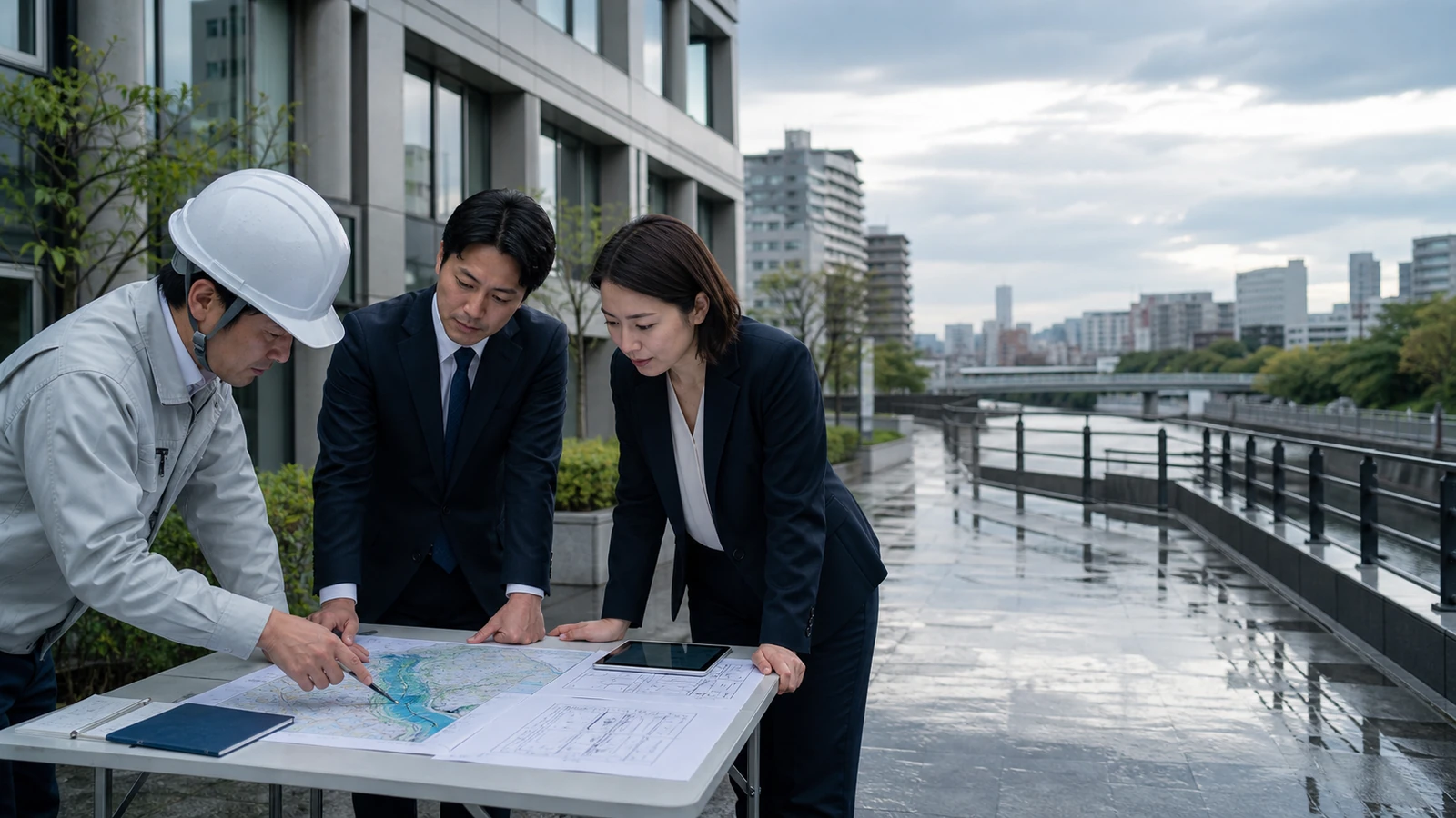 調布M&A災害DDで拠点図・建物・復旧計画を確認する売り手と買い手